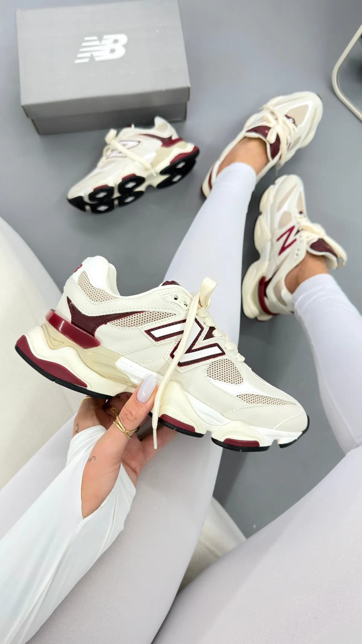 New Balance 9060 Branco Bordo Couro Legitimo Premium Nacional
