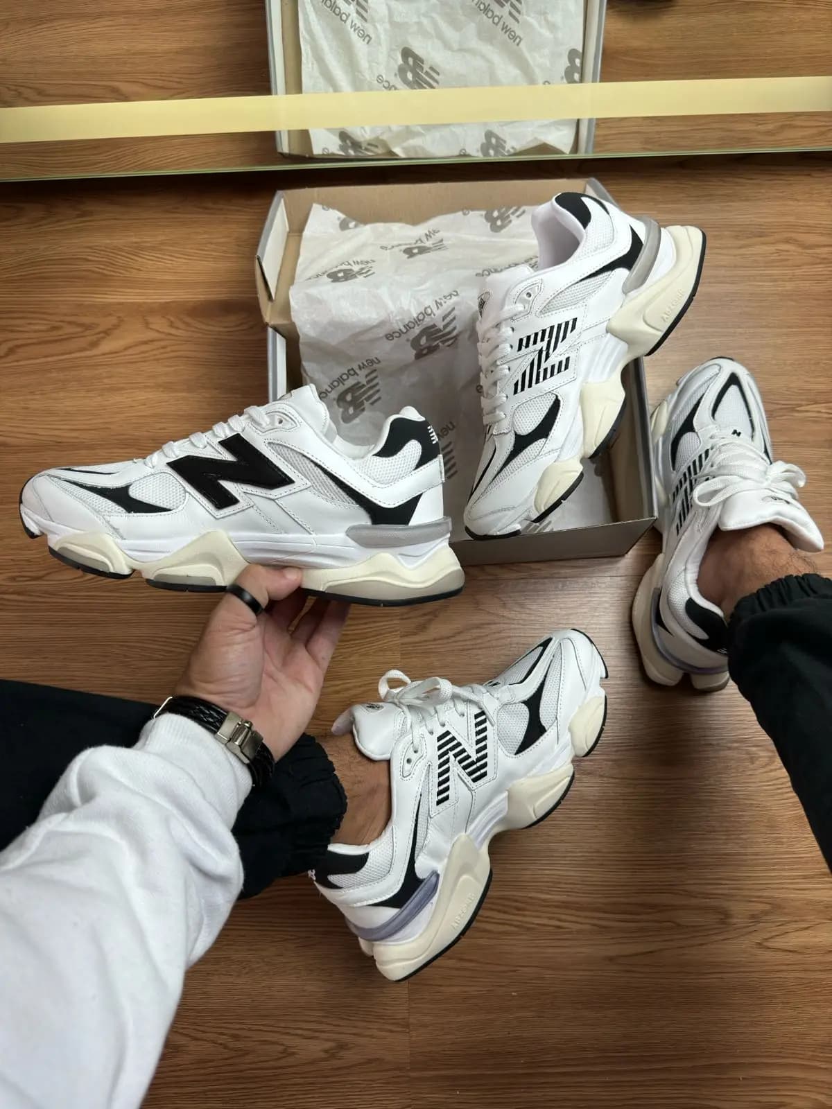 New Balance 9060 Branco Preto Couro Legitimo Premium Nacional